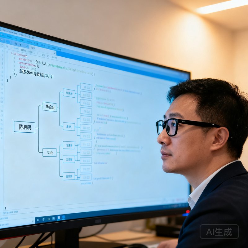 陈启明，华体会联合创始人兼首席技术官，前新浪体育数据架构师，戴着黑框眼镜，专注凝视屏幕上的代码架构图。