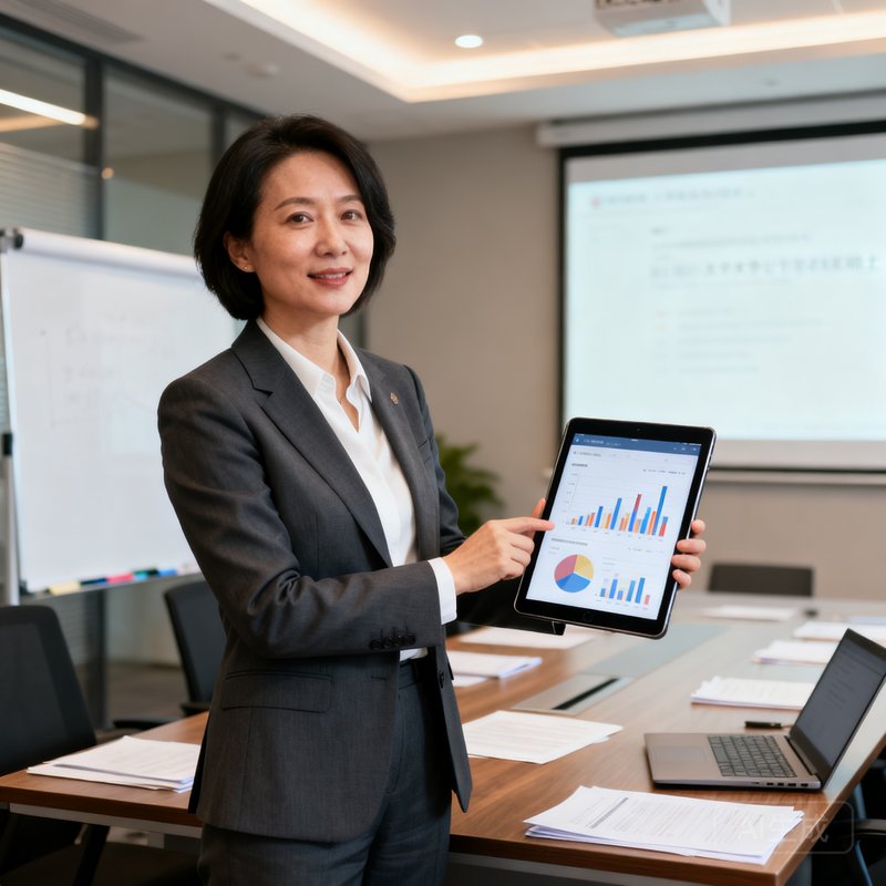 林婉清，华体会联合创始人兼首席执行官，复旦大学计算机博士，身着干练西装在会议室中展示数据分析方案。