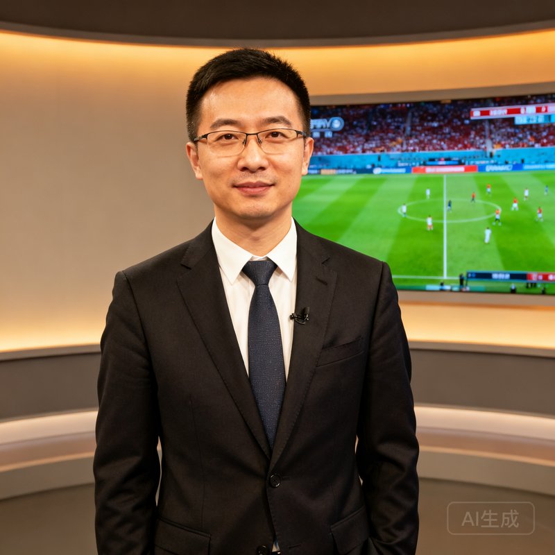 腾讯体育数据合作部门负责人张磊，西装革履站在演播室背景前，身后是赛事直播画面。