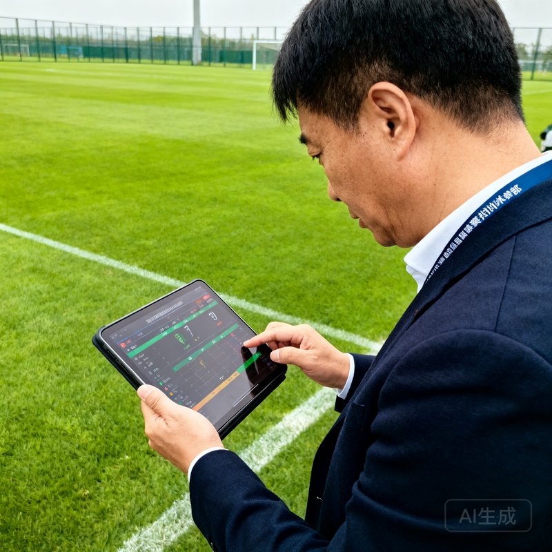 中超联赛技术部负责人李明辉，在球场边手持平板电脑查看实时比赛数据，背景是绿茵球场。