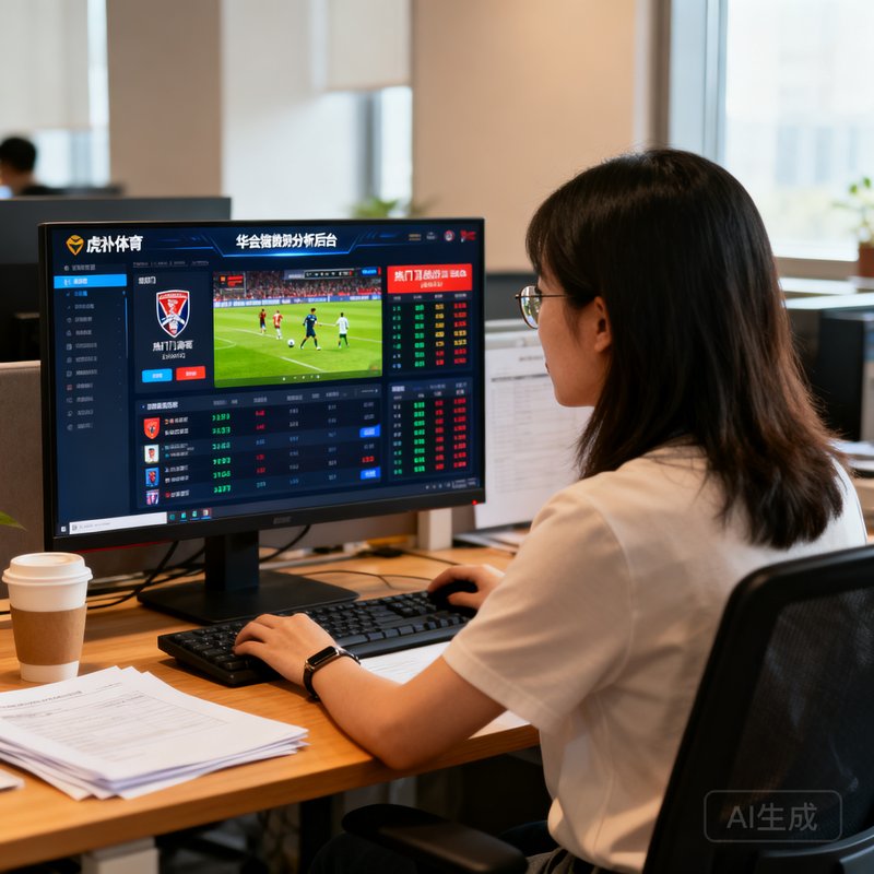 虎扑体育内容运营主管周婷，坐在办公桌前使用华体会数据分析后台，屏幕上展示着热门赛事的数据看板。